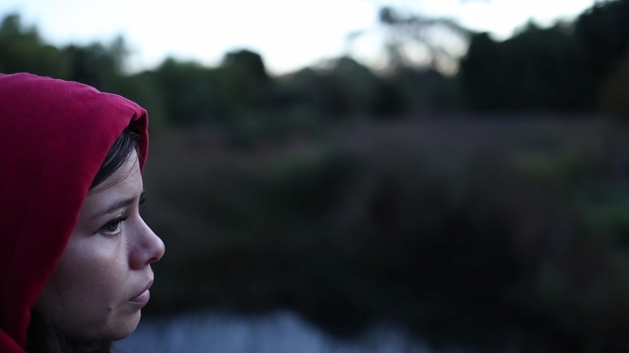 A young woman in a red hooded sweatshirt looks thoughtfully into the distance near a calm pond as dusk falls. Soft natural lighting creates a moody, introspective atmosphere with blurred background.