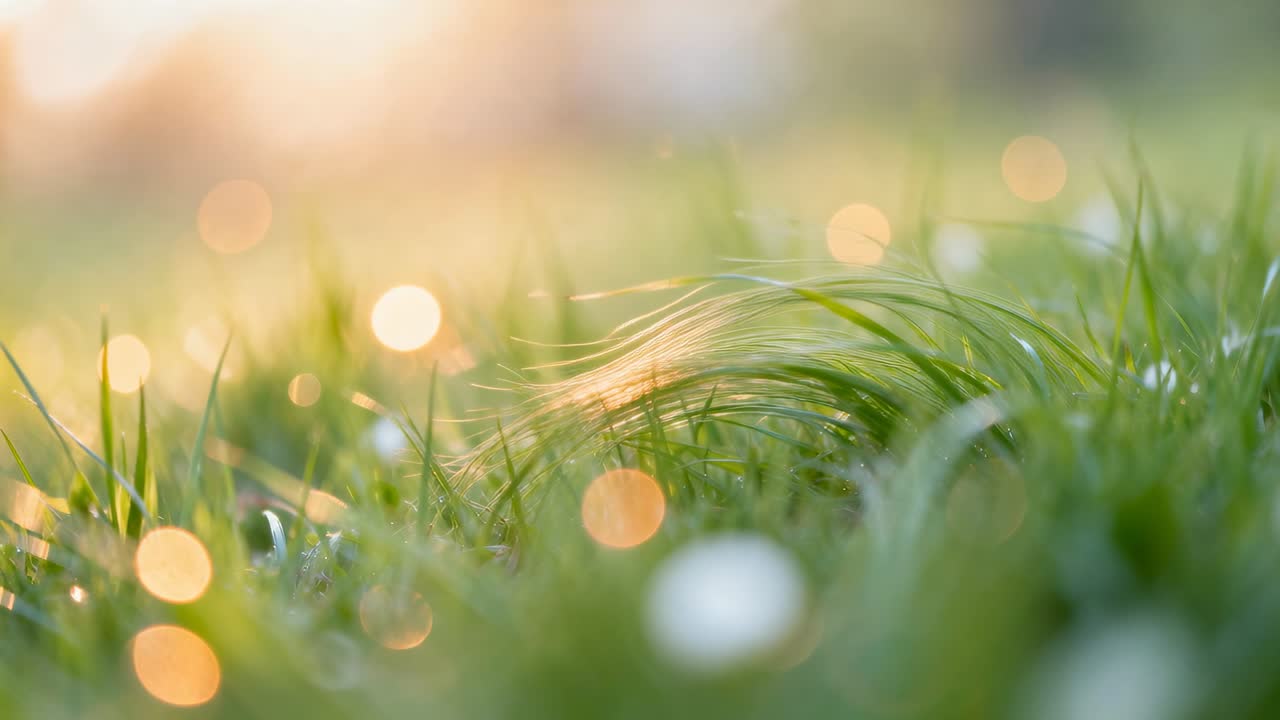 昇る太陽の光が牧草地で移ろい、露のしずくを帯びた手前の草の茂みが揺れる。