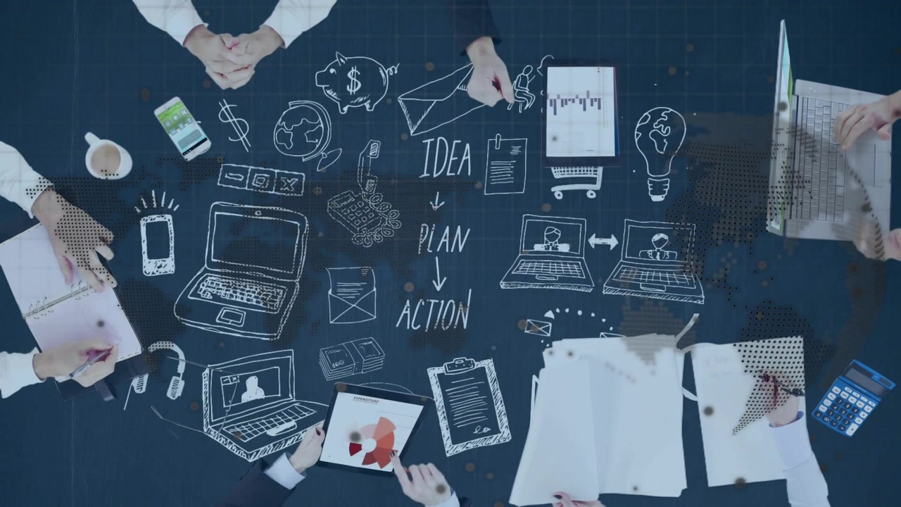 Team tapping tablet, typing and writing, activating business sketch icons forming IDEA PLAN ACTION