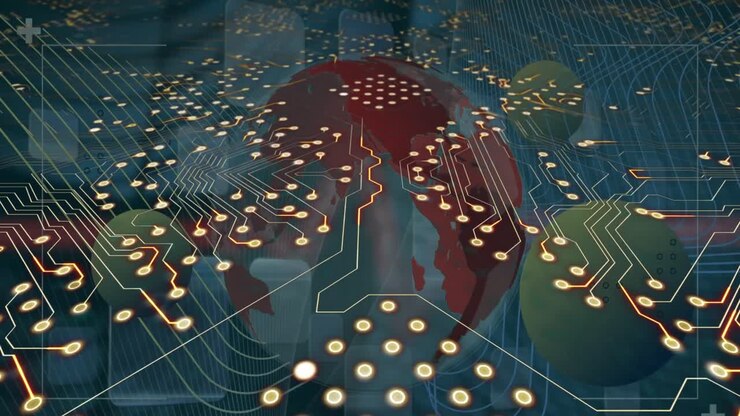 Animation of computer circuit board over globe and shapes on blue background