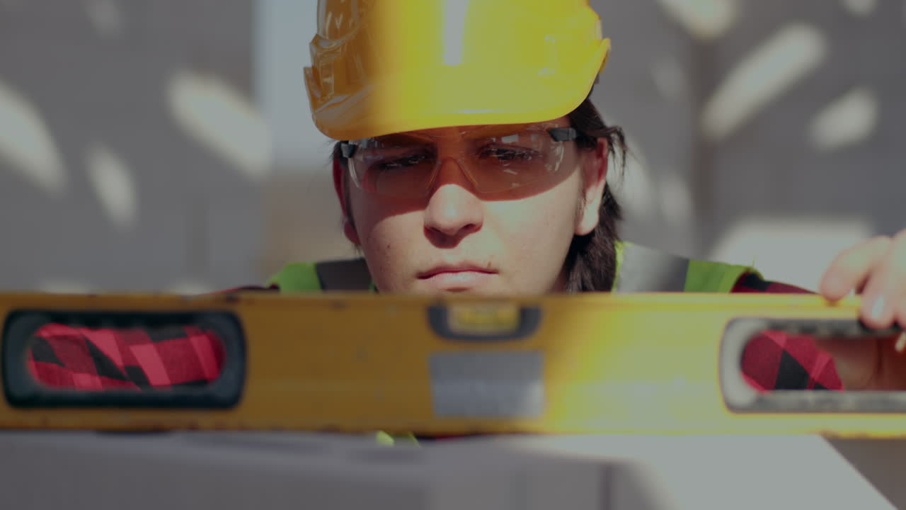 Confident young male construction worker analyzing wall with level at site