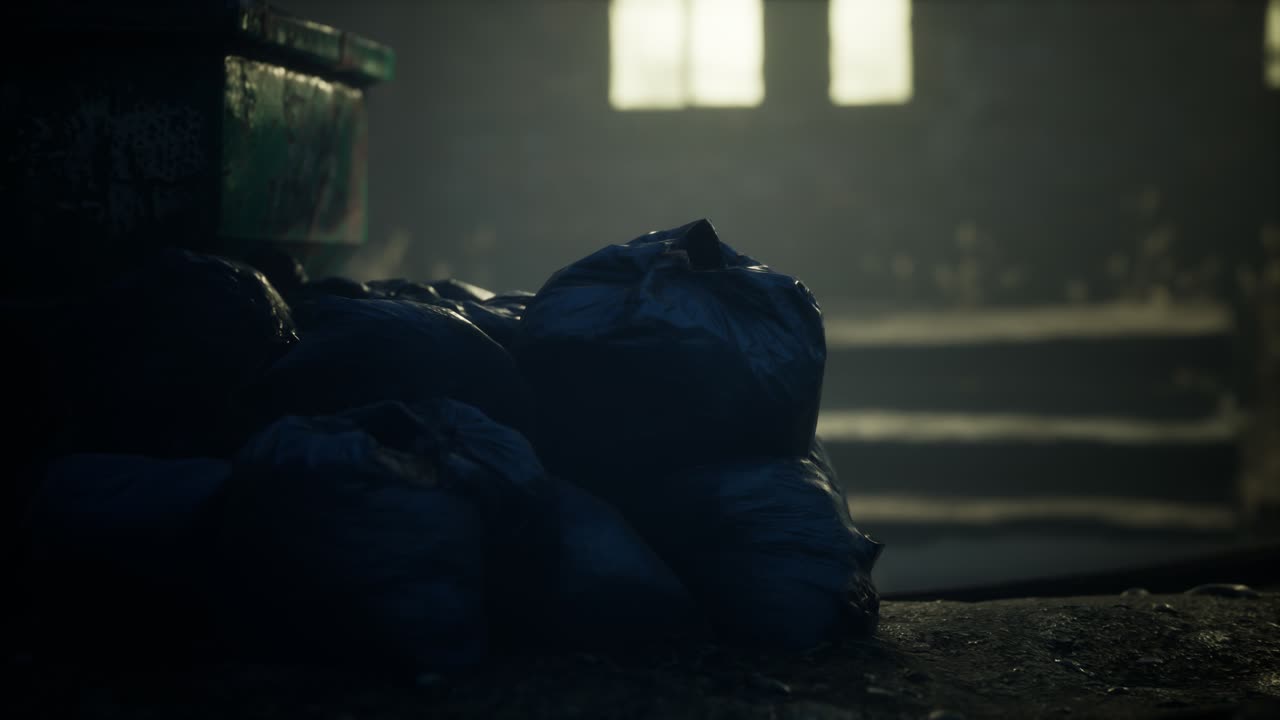 Garbage bags at city street an night