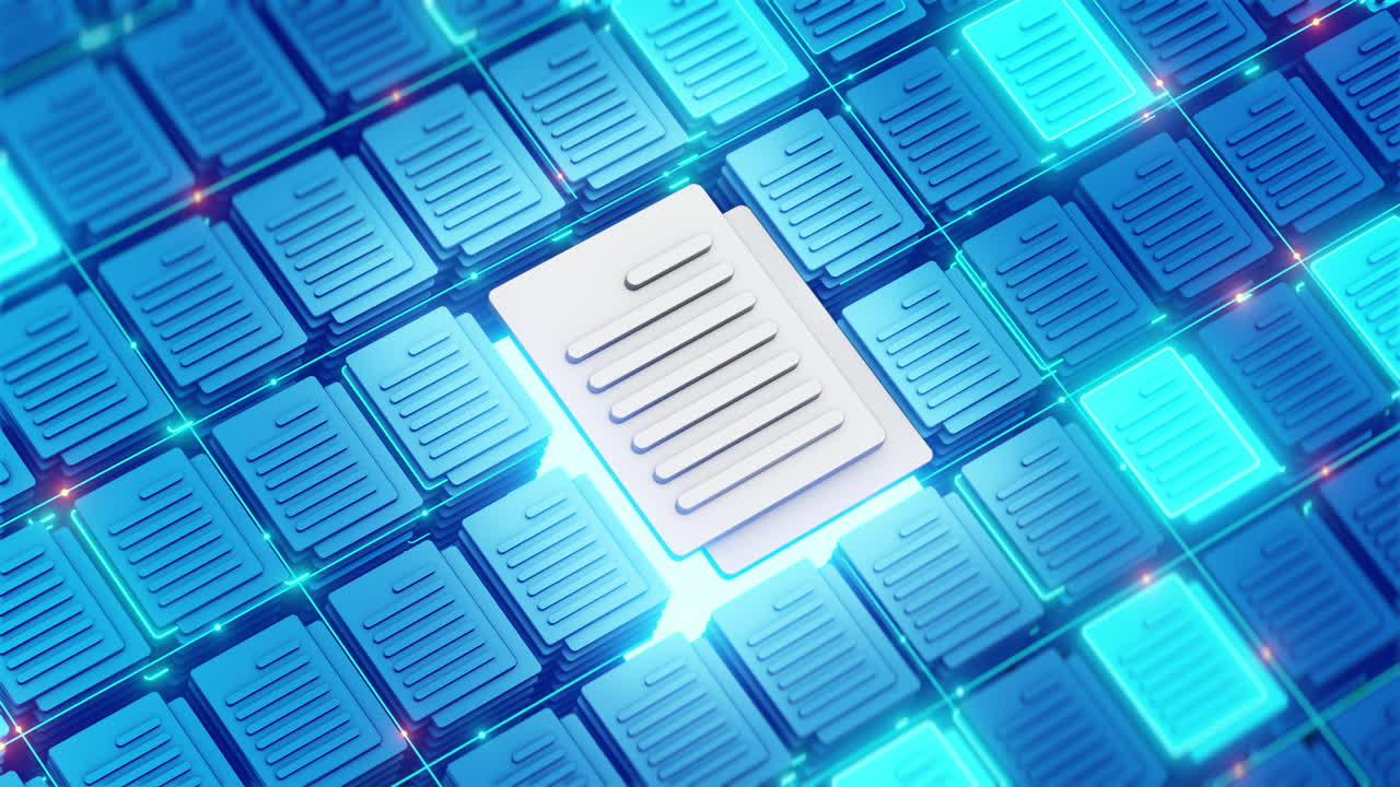 Futuristic representation of digital document storage with a glowing highlighted file among organized folders, symbolizing data management and access