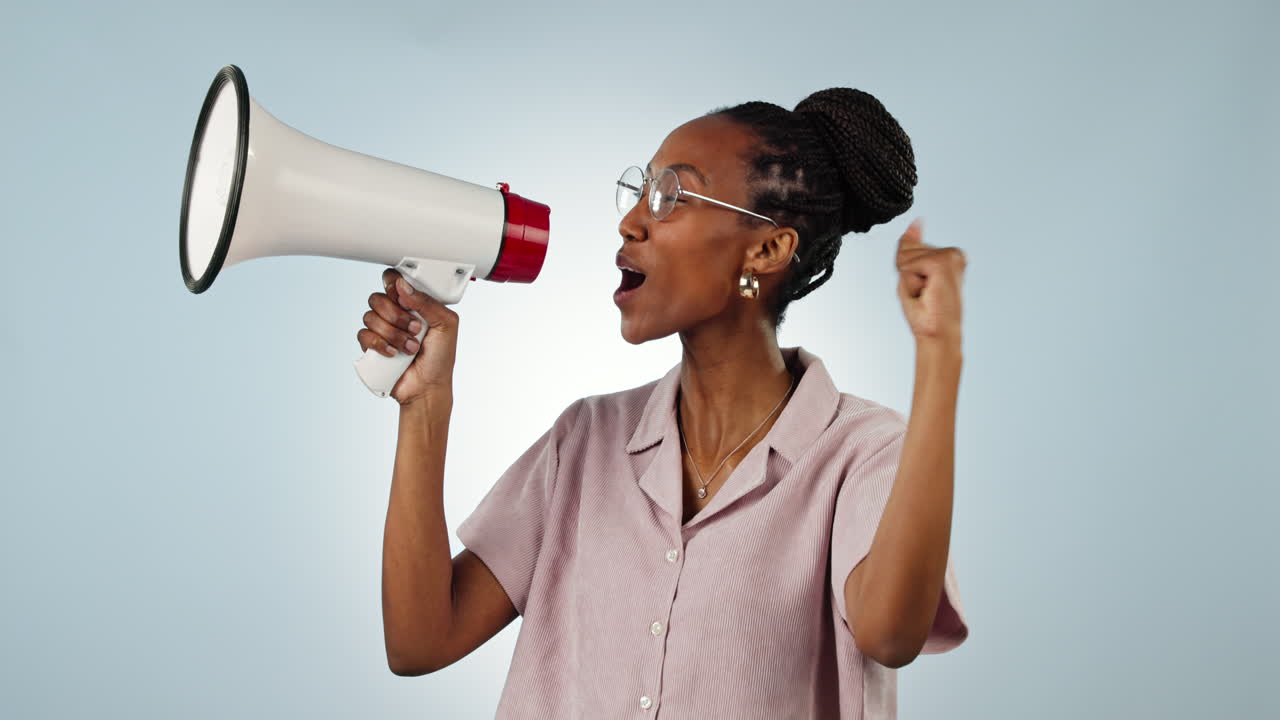 Sale, profile or black woman with megaphone