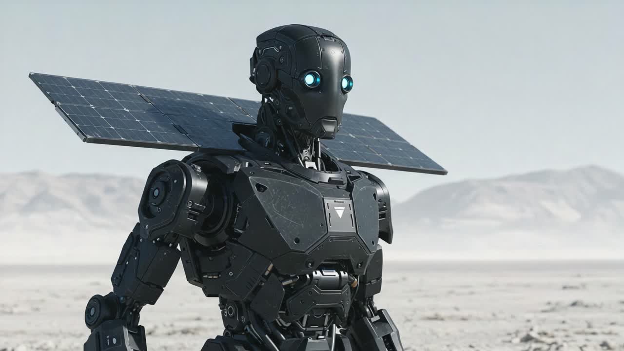 Futuristic Autonomous Robot Equipped with Solar Panels Stands in a Desolate Landscape, Showcasing Advanced Technology and Sustainable Energy Solutions