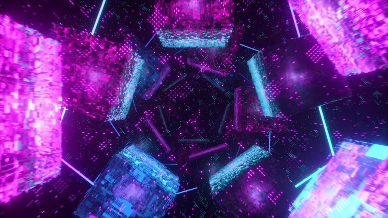 volar en el ciberespacio tecnológico. túnel de naves espaciales de ciencia ficción. tecnología futurista abstracta vj sin costuras para títulos tecnológicos y fondo. gráfico de movimiento para internet, velocidad. bucle sin costuras 3d render