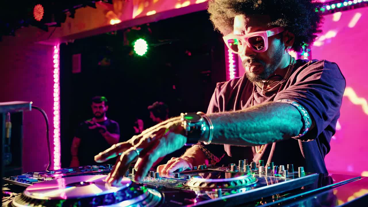 DJ in a dimly lit club, spinning records with dynamic energy