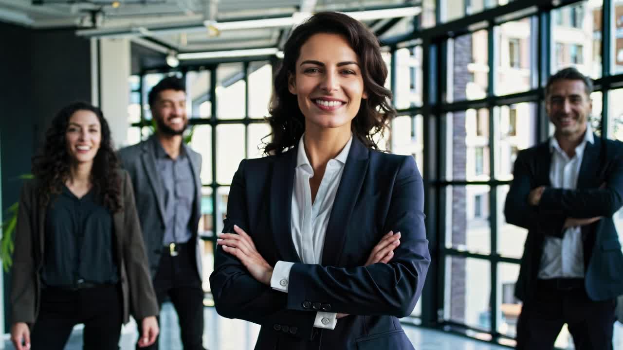 A confident businesswoman in a suit smiles at the camera, with colleagues in the background