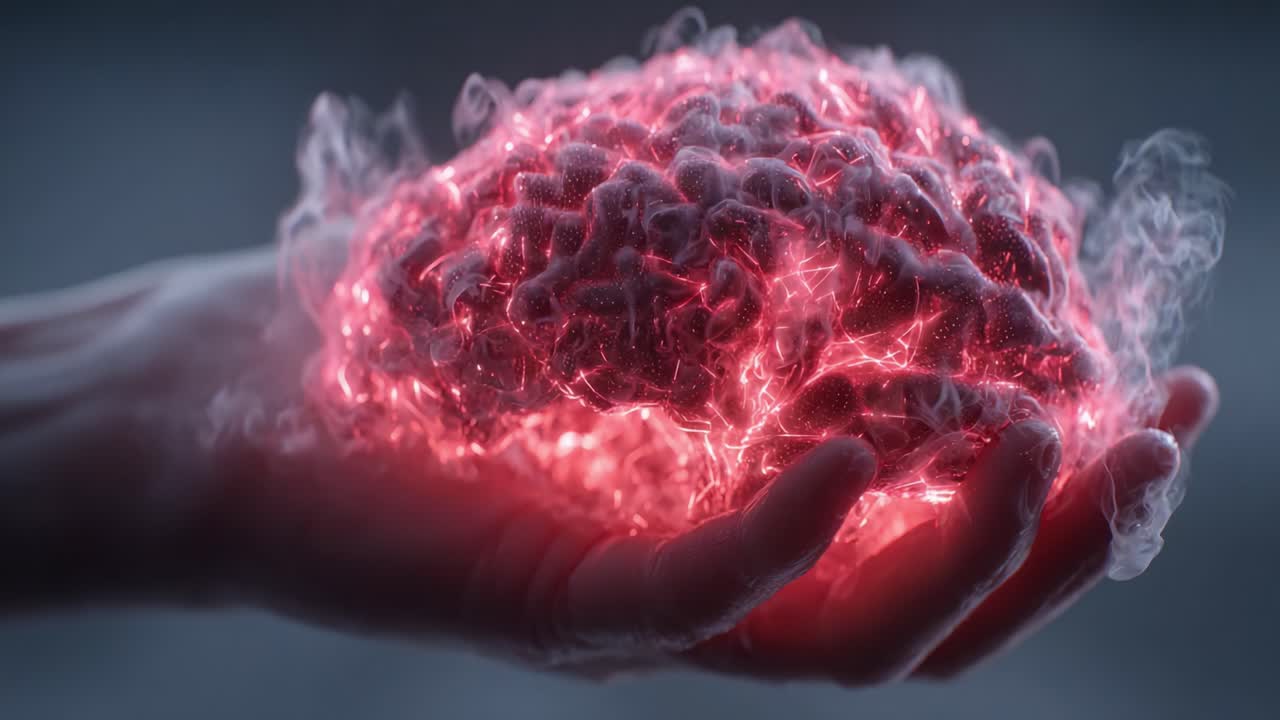 A captivating visualization of a human brain held delicately in a hand, radiating vivid energy and dynamic light patterns, embodying the essence of thought and creativity