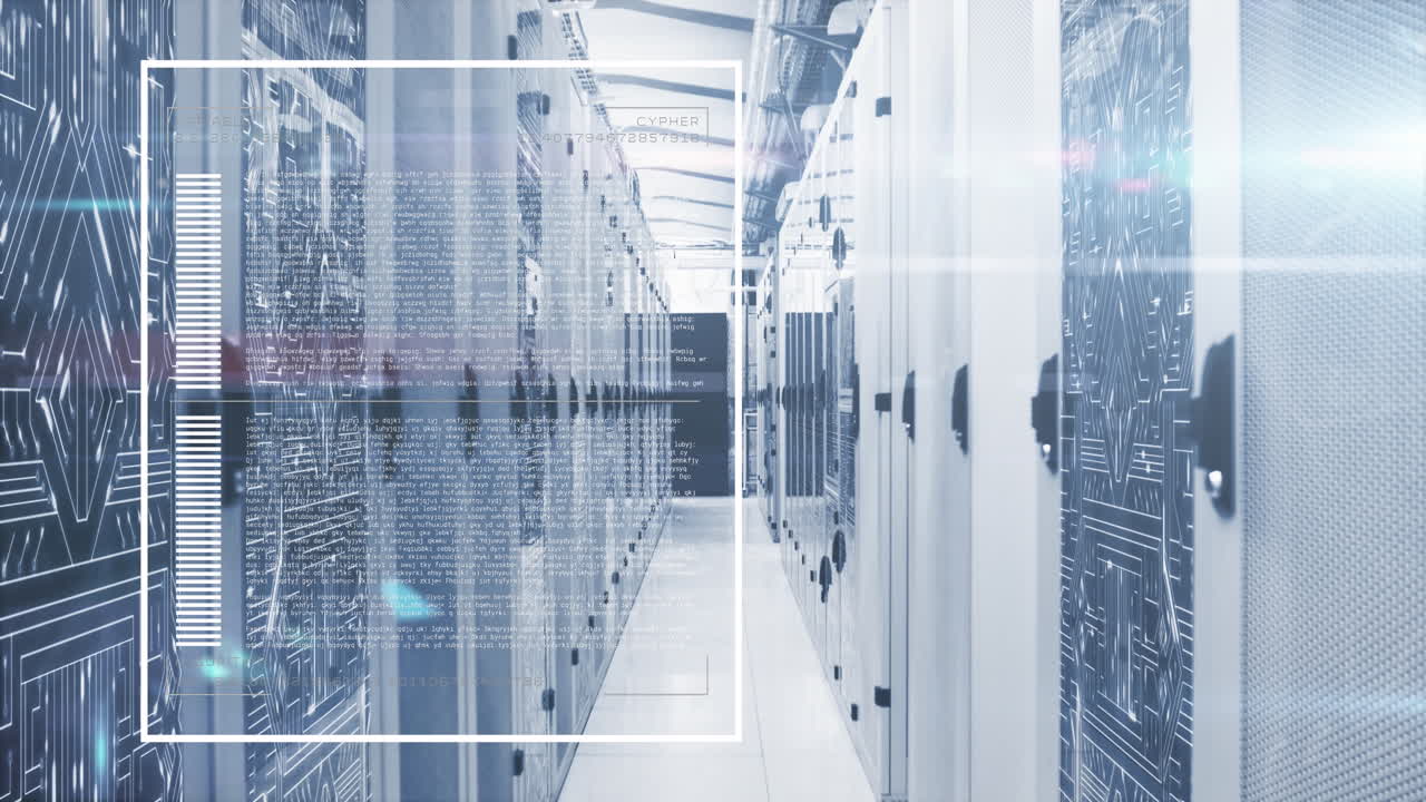 Animation of data processing and light spot against microprocessor connections over server room