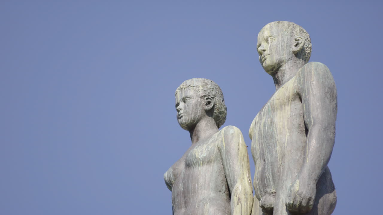 Medium shot of Ornulf Basts Sun and Earth bronze sculpture in central Oslo