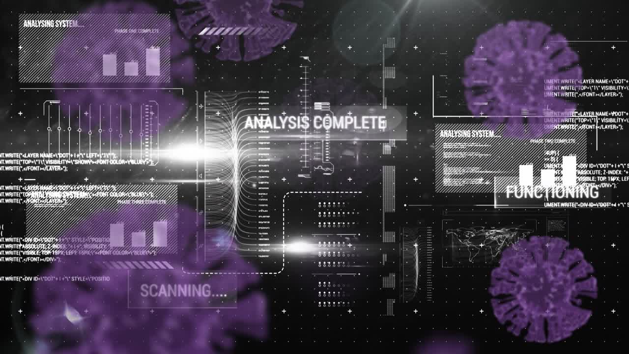 Animation of data processing and statistics on dark background