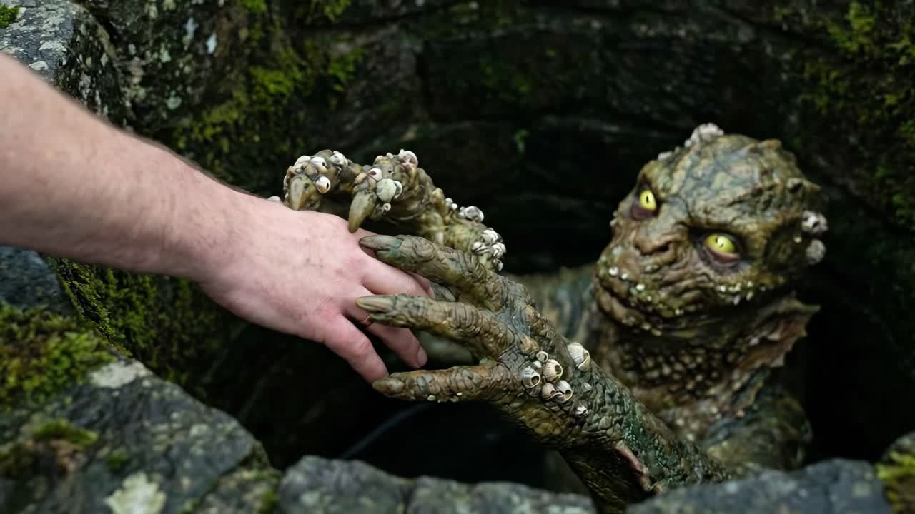 Mão humana e mão de monstro se tocando em um poço escuro