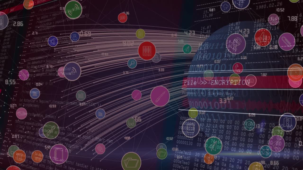 animación de la red de conexiones con iconos en todo el mundo y procesamiento de datos