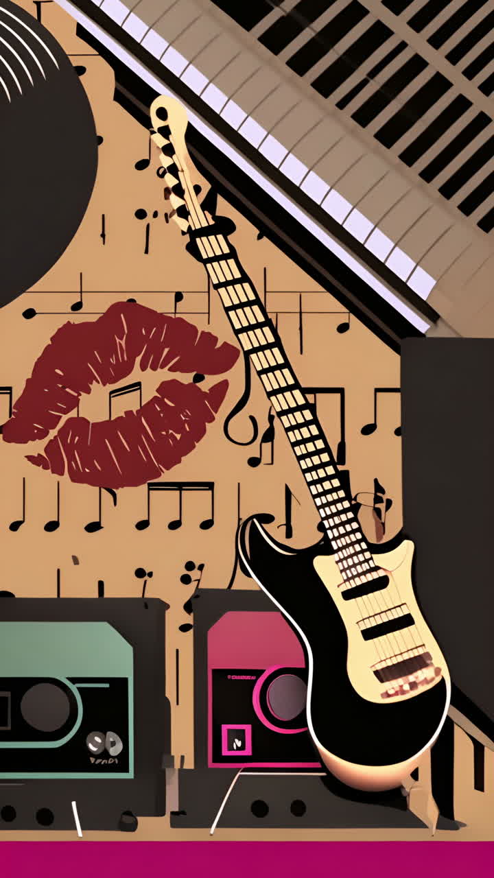 Electric guitar with musical notes and speakers, creating vibrant music scene