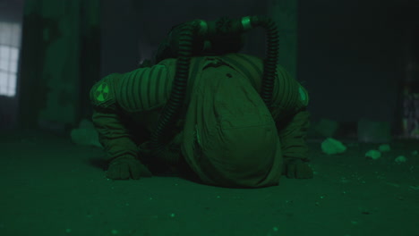 a wounded soldier in the abandoned military complex approaches anomaly
