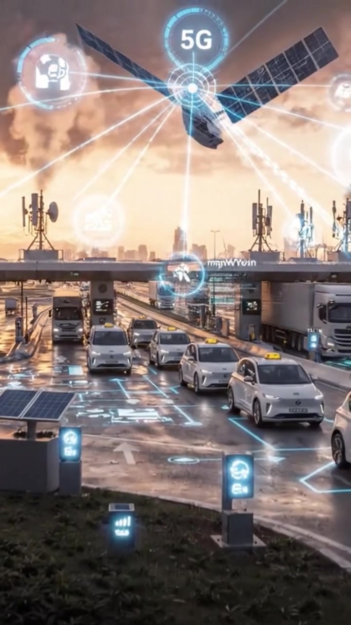 Flusso di traffico serale presso un moderno casello autostradale con corsie automatizzate e sfondo dello skyline urbano durante un tramonto nuvoloso