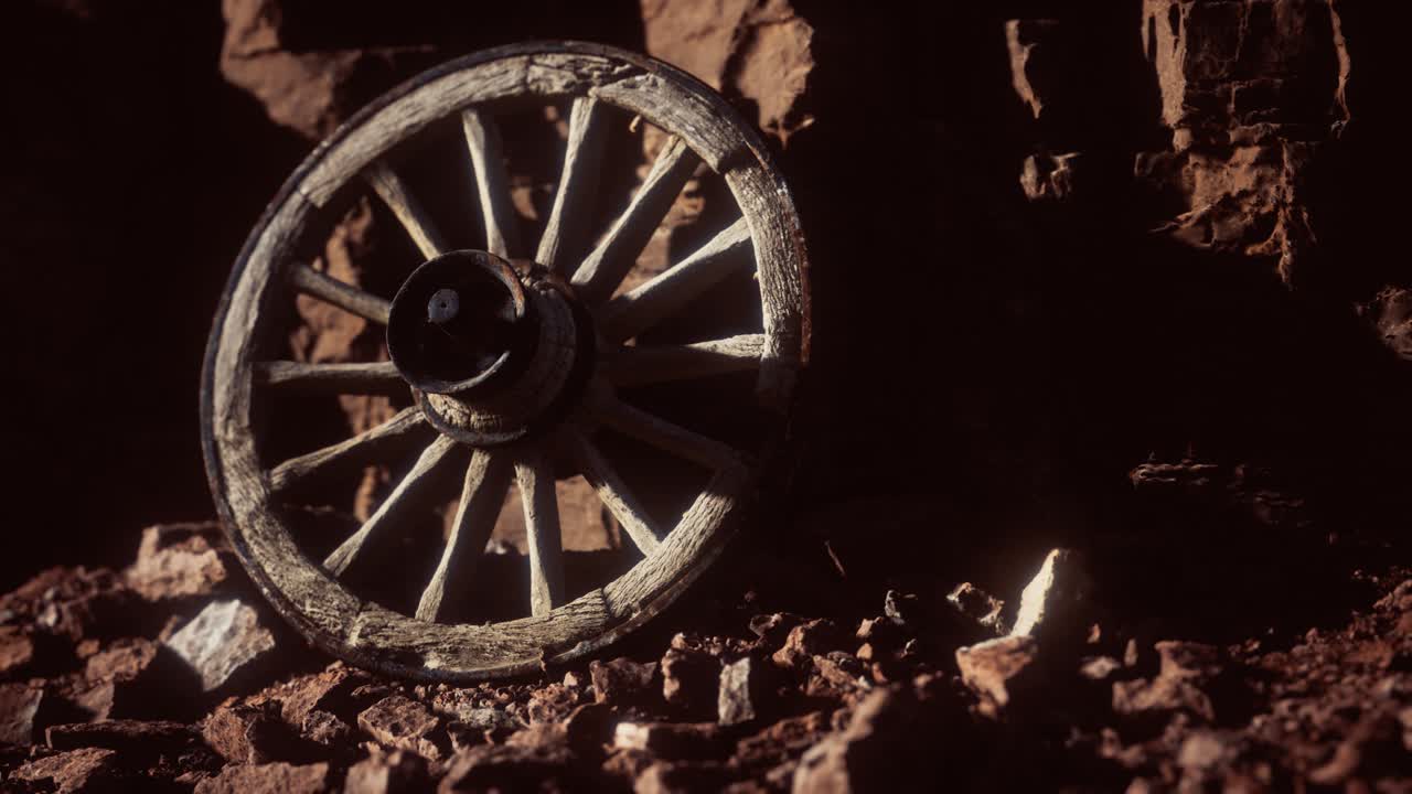 Premium stock video - Old wooden cart wheel on stone rocks