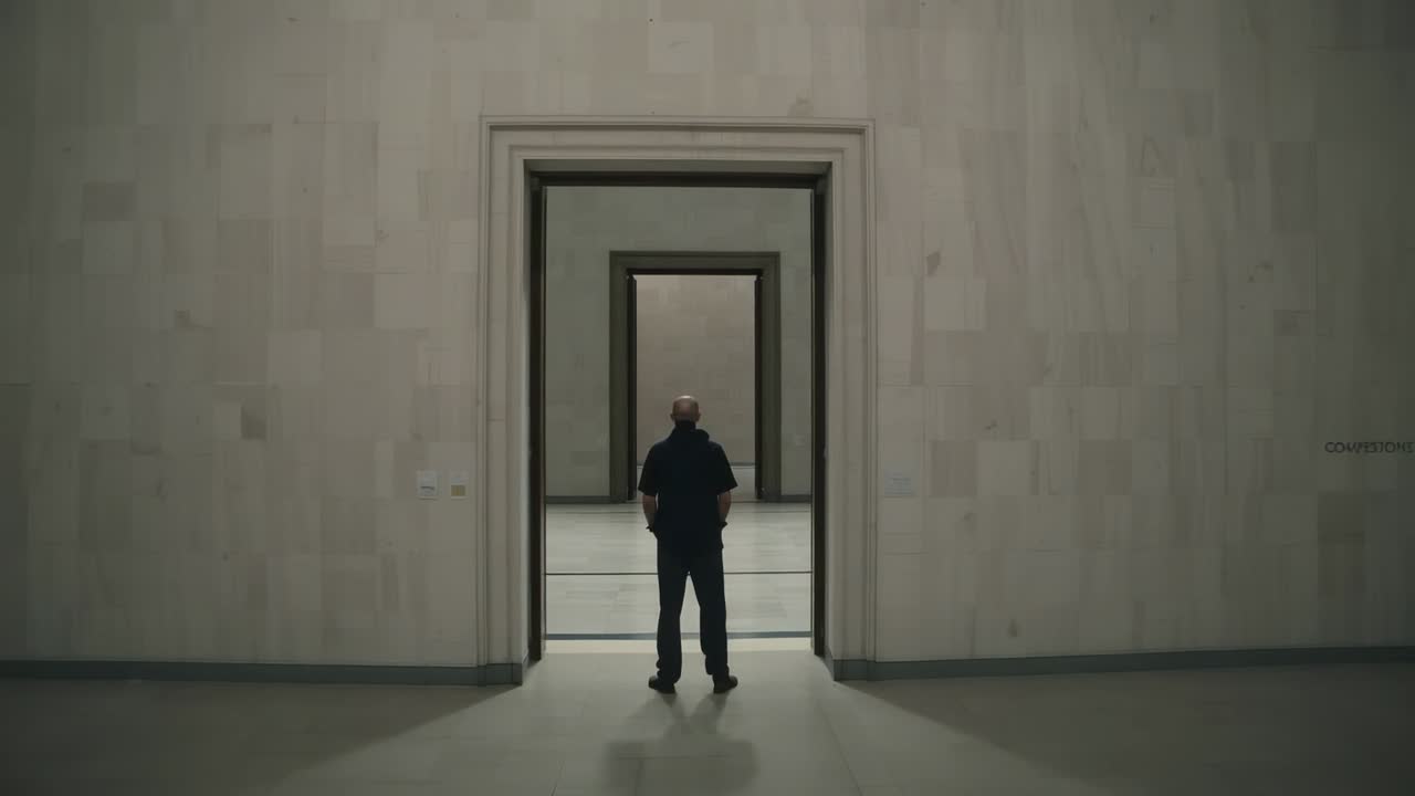 Stepping across threshold man in short-sleeve polo walking through door frames, exploring gallery