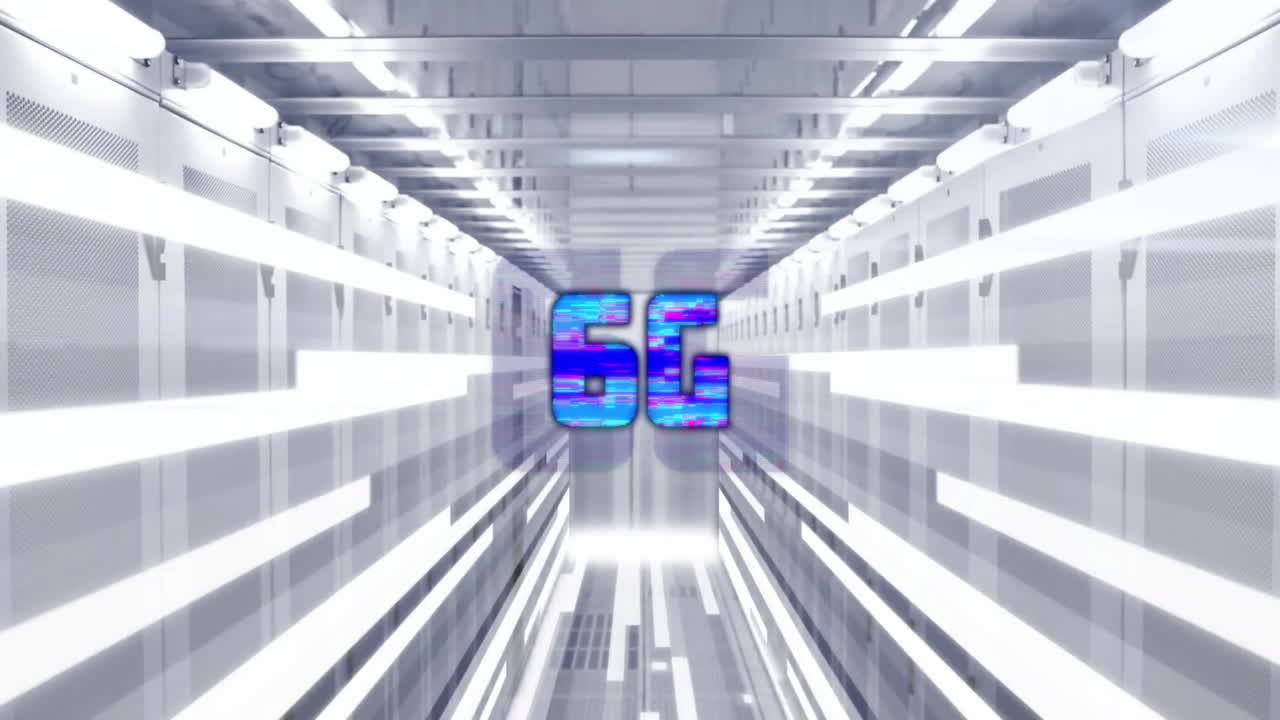 Testo 6G luminoso in blu e viola vivaci, animazione di un corridoio futuristico.