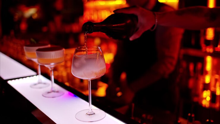 Barman che prepara un cocktail con spumante bianco al bar di notte con luci al neon rosse, slow motion