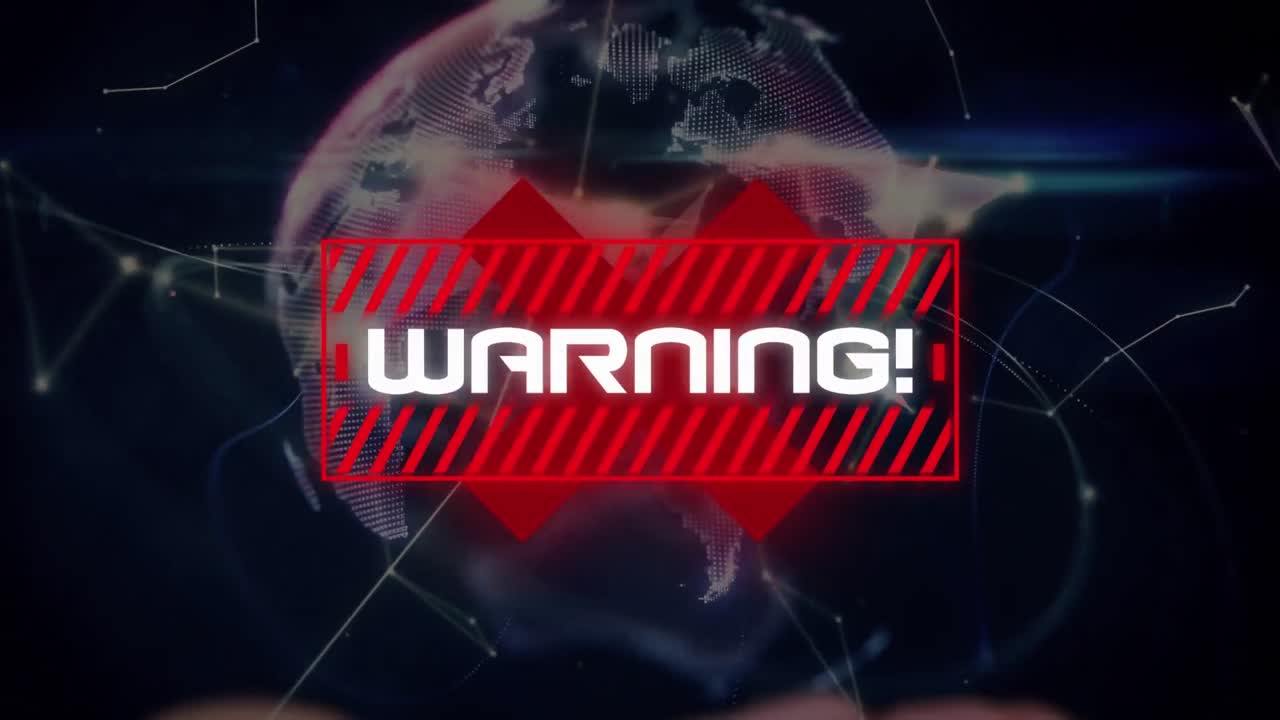 Animation of covid 19 warning text over data processing and globe