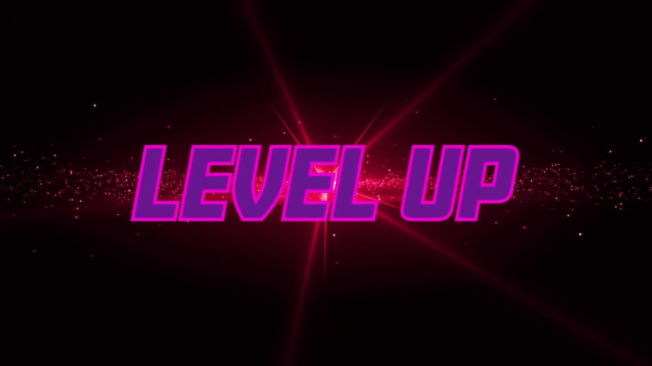 Animation of level up text over red light on black background