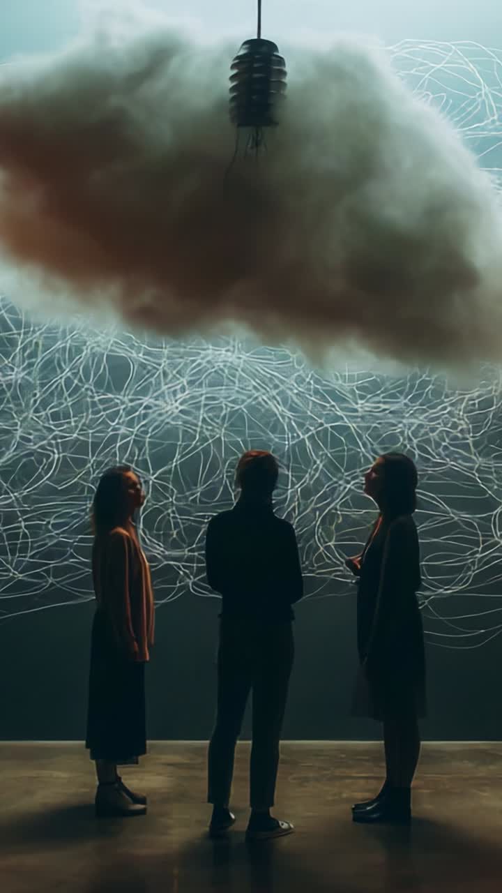 Three Individuals Engaged in Discussion Under a Lighted Cloud in an Artistic Installation with Abstract Lines Representing Thought and Imagination