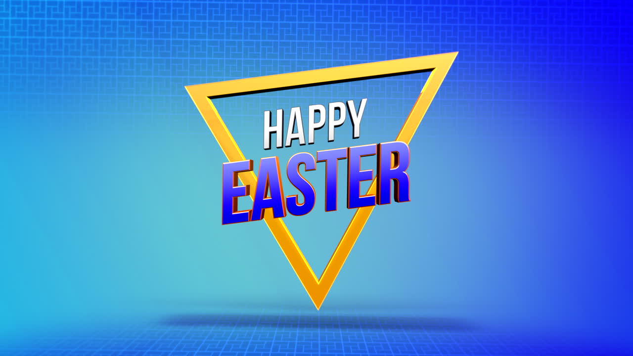 Allegro banner pasquale con forma a triangolo e scritta "Buona Pasqua" gialla su sfondo blu.
