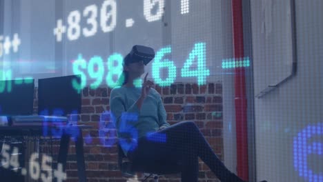 Animation-of-trading-board-over-caucasian-woman-sitting-on-chair-and-using-vr-headset-in-office