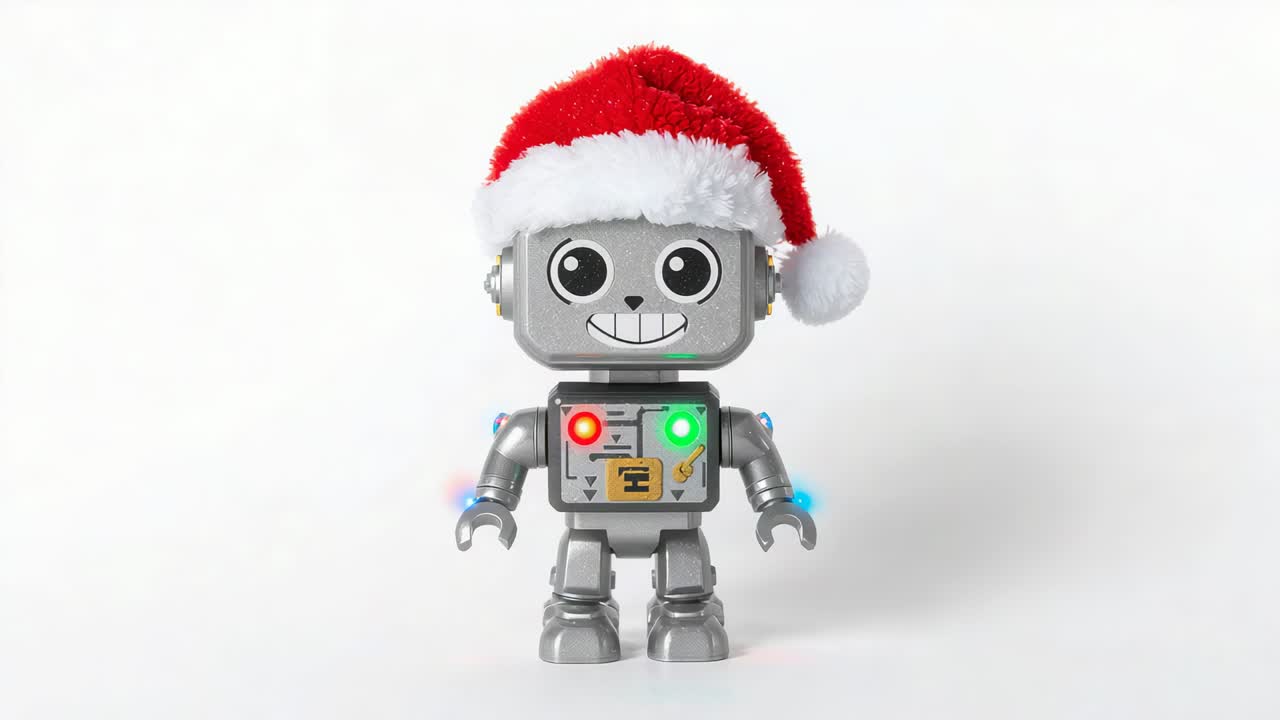 Gambar dipotong dari kamera yang bergerak mendekati robot mainan perak di studio, menyoroti LED dada dan topi Santa