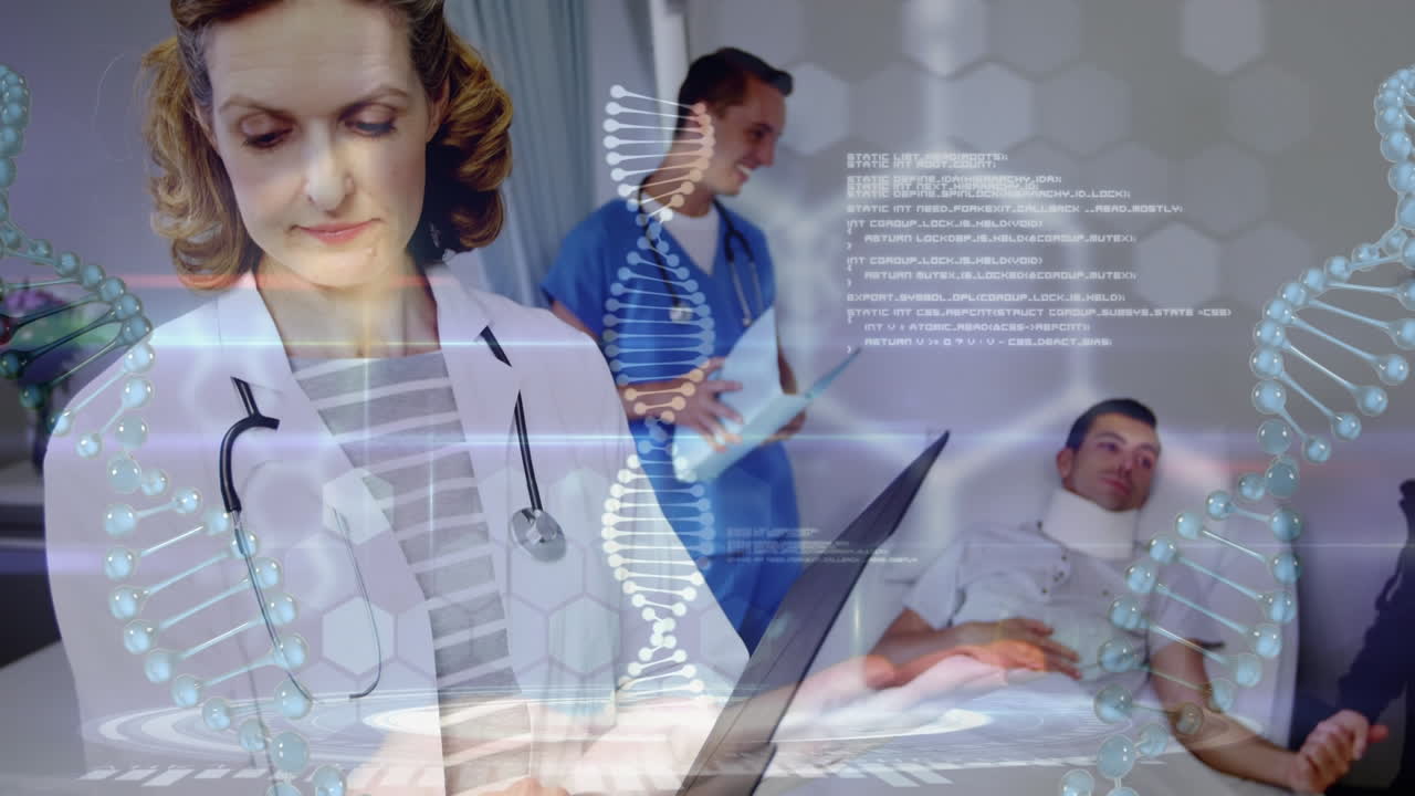 animación de adn, fórmulas y procesamiento de datos sobre diversos médicos y pacientes en el hospital