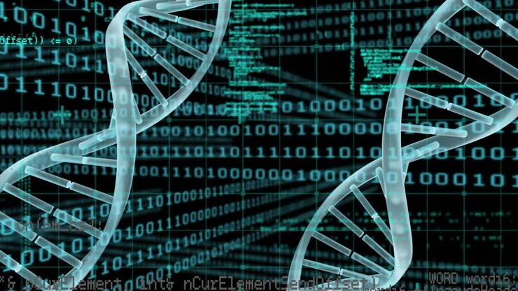 Animation of binary coding, data processing and dna strands spinning