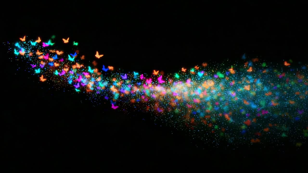 Un'immagine ipnotica di farfalle colorate che turbinano su uno sfondo scuro, creando un incantevole flusso di tonalità vivaci e dettagli scintillanti che catturano l'immaginazione