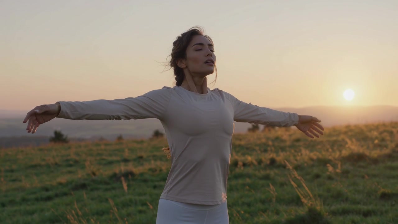 Donna che pratica esercizi di respirazione alzando le braccia su una collina al tramonto, con il sole che cala, indossando un top beige e leggings bianchi.