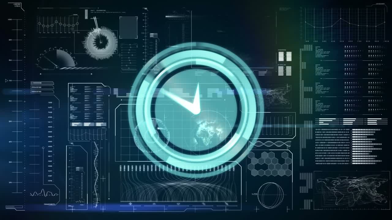 Animation of clock moving fast and data processing over screen