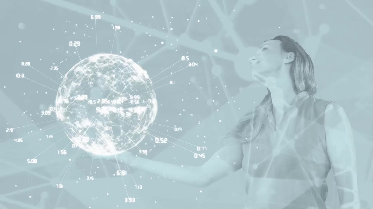 카우카시안 사업가 여성에 대한 금융 데이터 처리와 함께 지구촌의 애니메이션