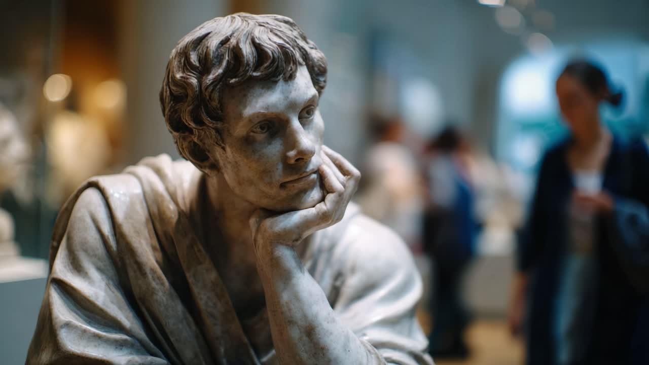 Una scultura in marmo pensierosa che riflette l'emozione umana in un ambiente museale, catturando la profondità della contemplazione e la maestria artistica.