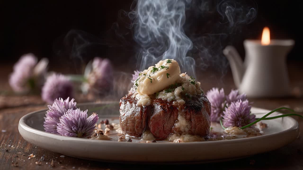 A succulent steak dish topped with creamy butter and garnished with herbs, emitting aromatic steam, beautifully presented with floral accents and a soft candlelight glow