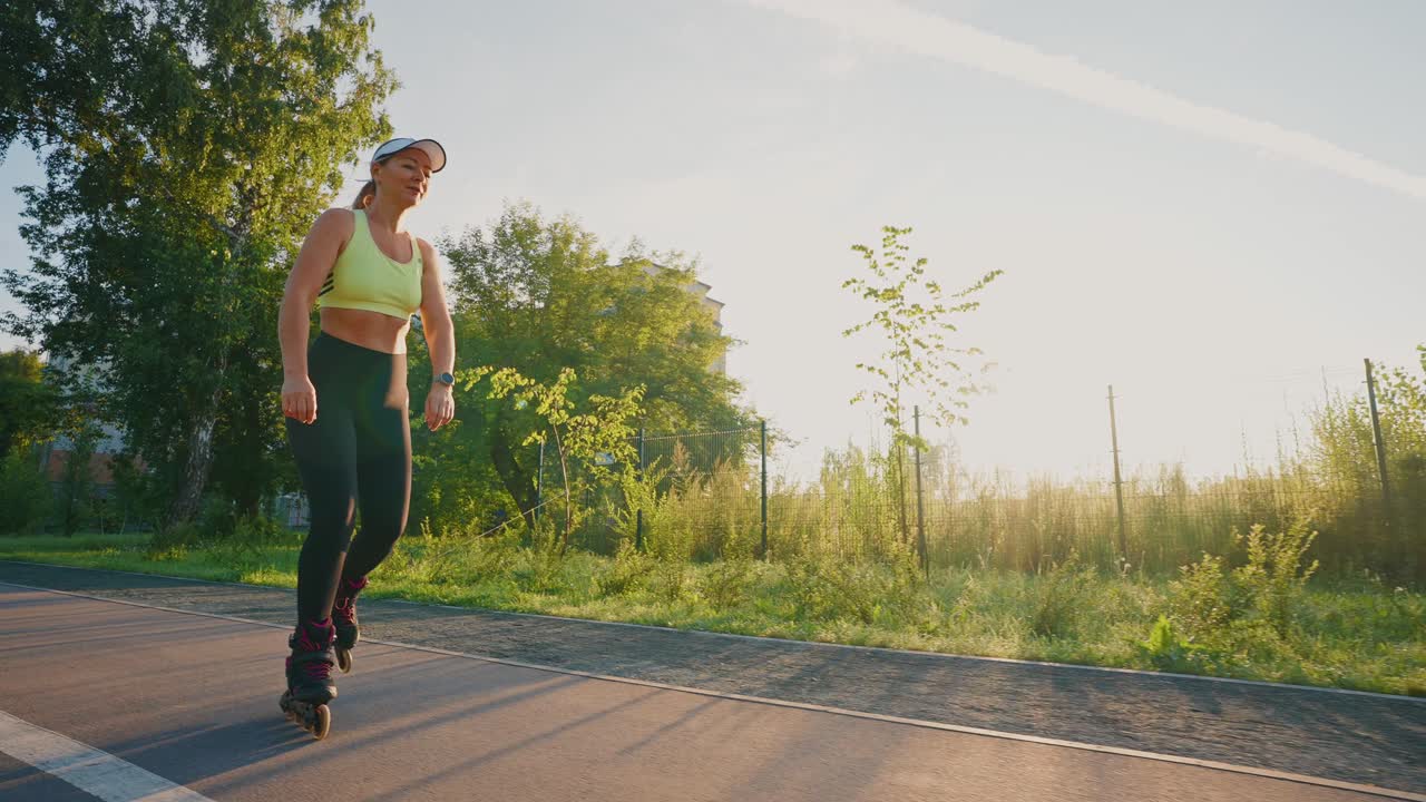 Woman Rollerblading in Park at Sunrise