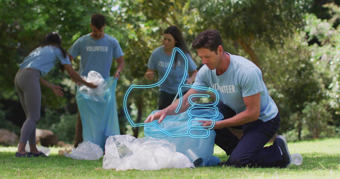 Spotting litter, kneeling man picking plastic into blue bag for cleanup, neon thumbs-up overlaying