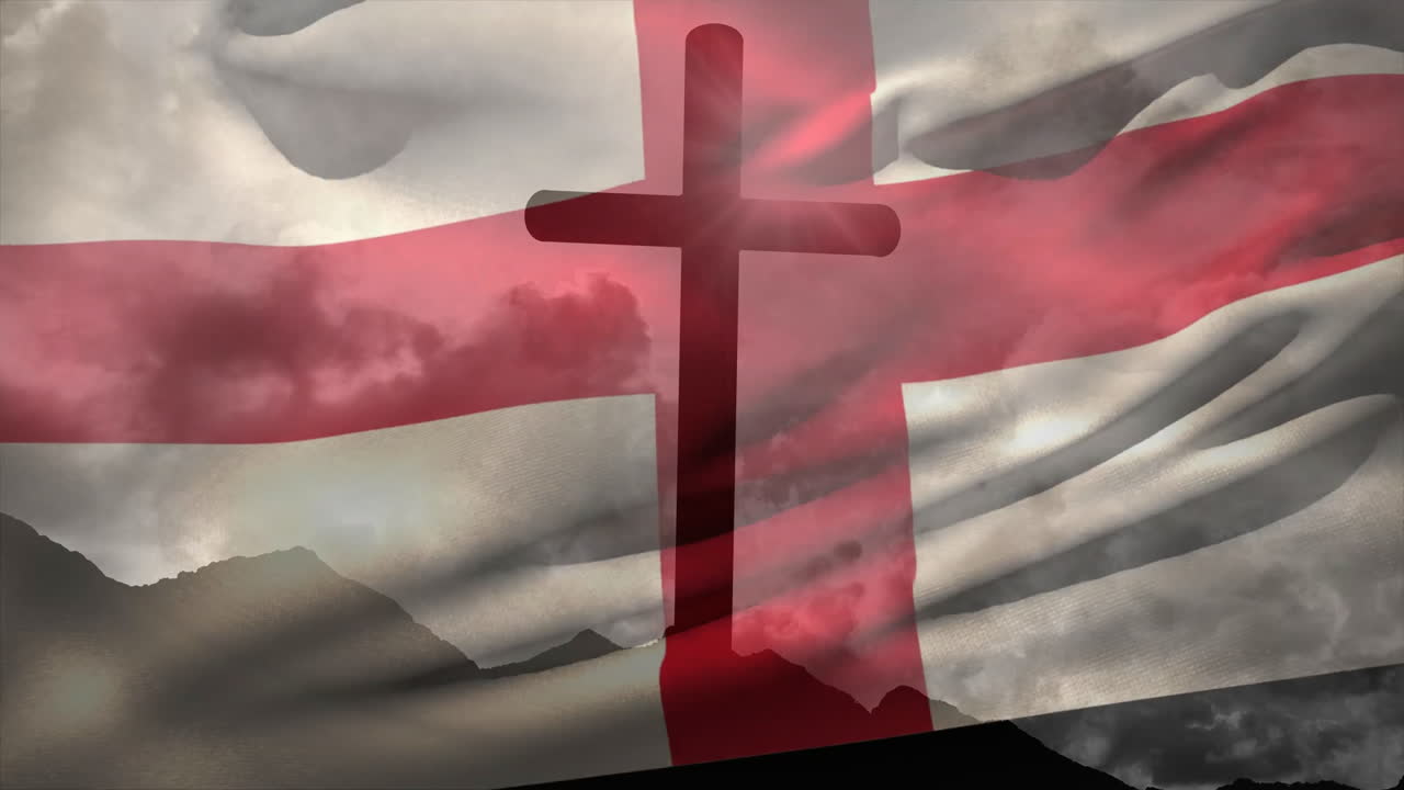 Silhouette of cross over red and white flag with cloudy mountain backdrop