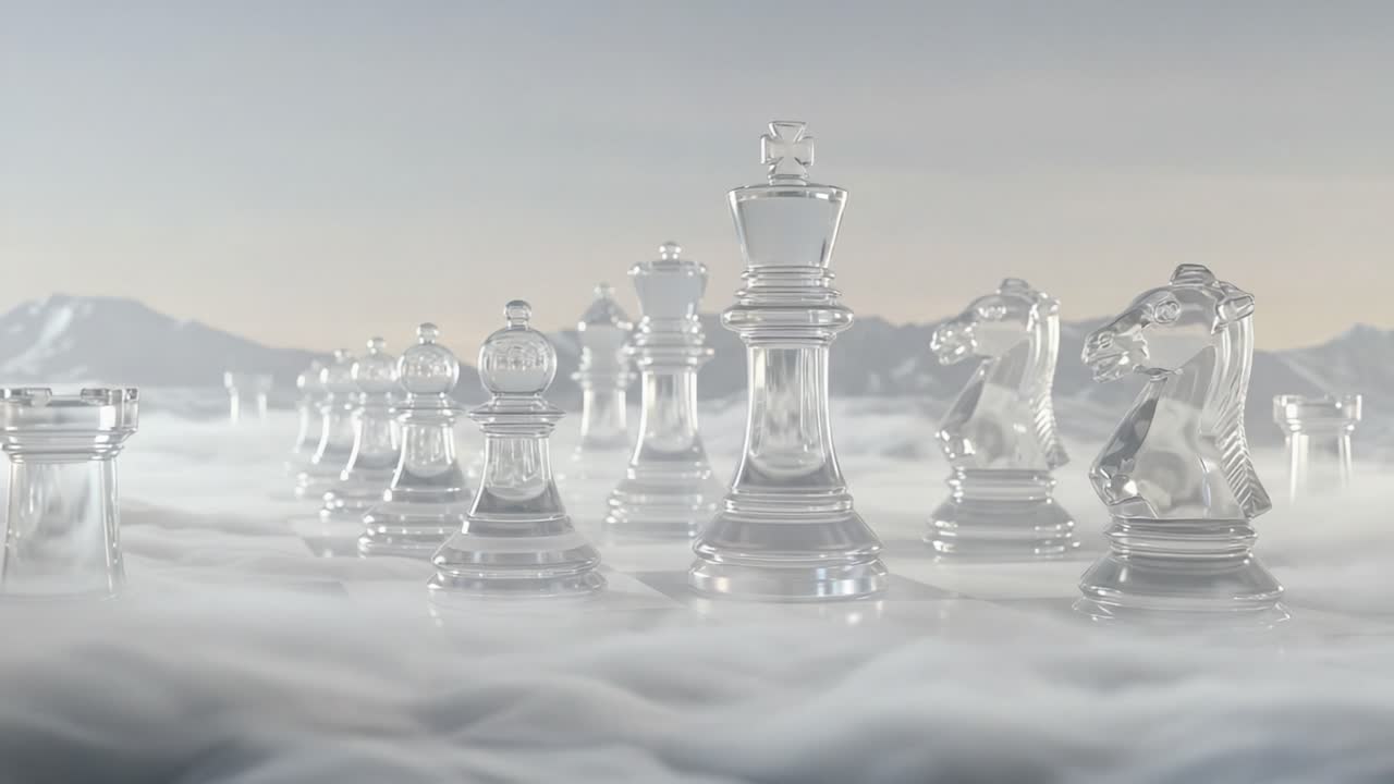 A Mesmerizing Chess Battle in the Clouds: Clear Crystal Pieces Strategize Against a Dreamy Backdrop of Misty Mountains and Soft, Ethereal Skies