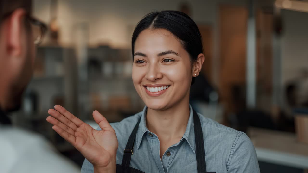 Barista che serve, con camicia blu e grembiule scuro, ascolta un cliente con gli occhiali e lo saluta al bancone del bar