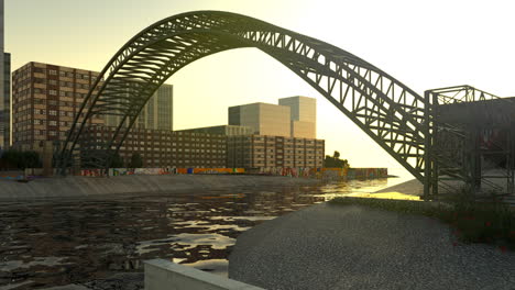 Der-Blick-Auf-Die-Fiktive-Stadt-Mit-Der-Brückenbau-Simulation.-Zeitraffer-Animation-Mit-Deutlich-Sichtbarer-Wanderung-Der-Sonne.-Brücke-Wächst-In-Die-Stadtlandschaft-Hinein.-Kamera-Heranzoomen.-HD