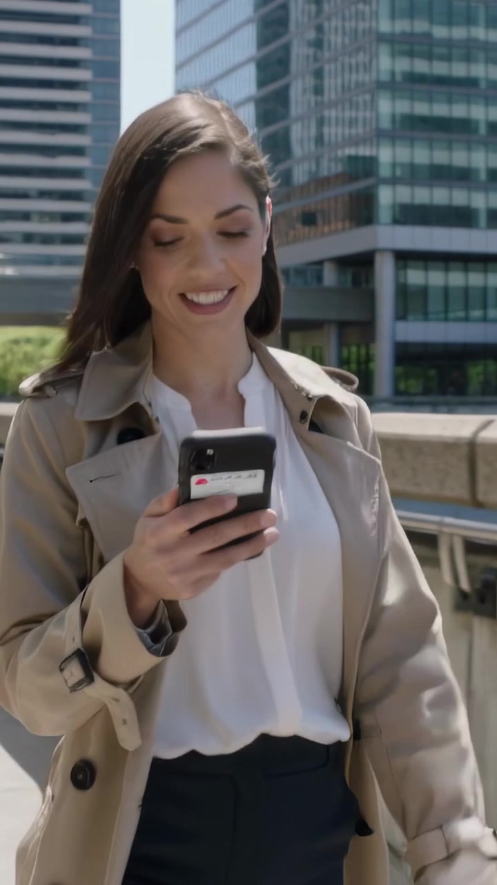 Video verticale: Donna che cammina con un trench beige, leggendo un messaggio sul telefono su un ponte urbano, dando un'occhiata a destra
