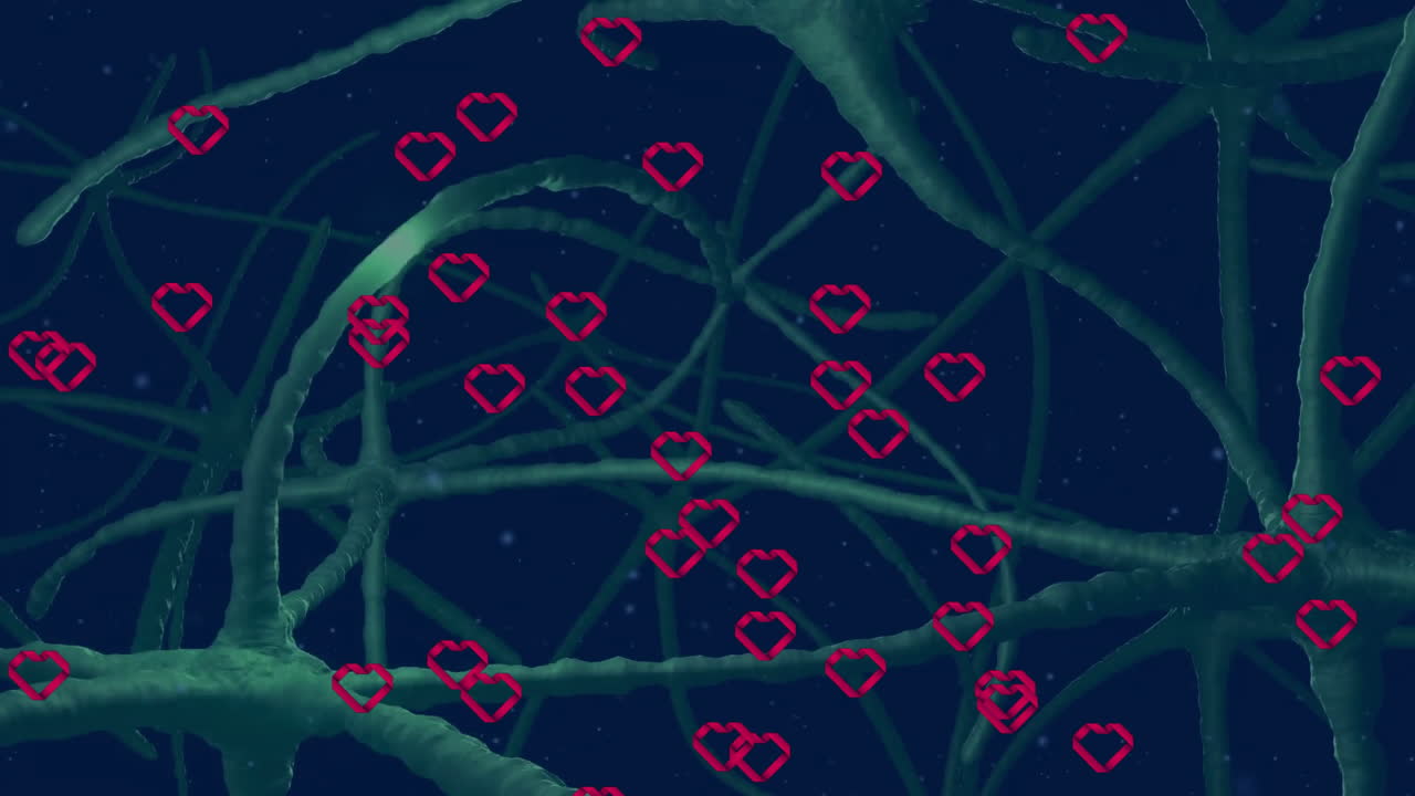 Animation of neural network with red heart icons scattered throughout school setting