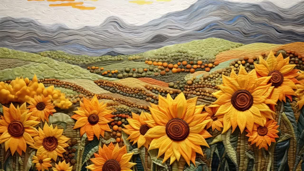 Aerial view of a vibrant, quilted landscape with rolling hills and fluffy clouds