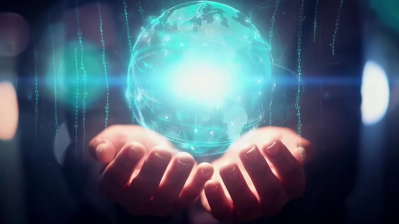 Ologramma di globo digitale che fluttua sopra le mani