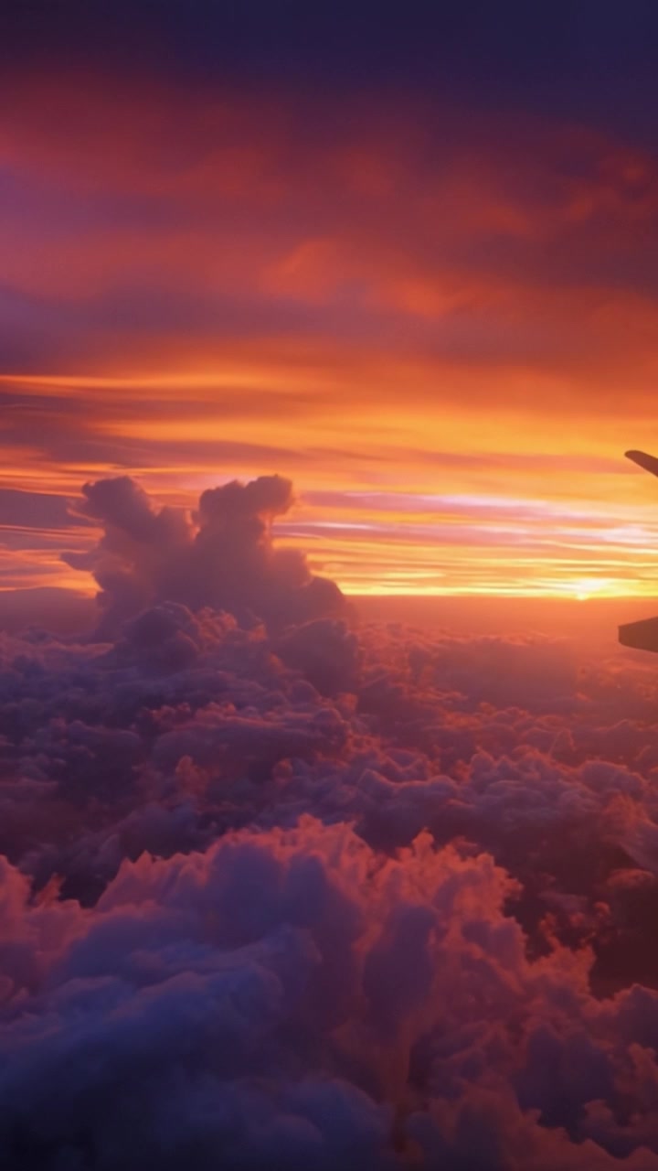 Breathtaking Sunset Over Fluffy Clouds Captured from a High Altitude Perspective, Highlighting Vivid Colors of Twilight Above the World Below